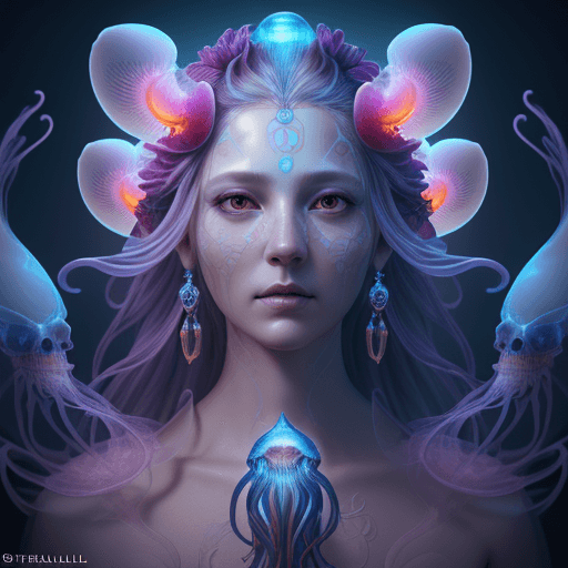 AI generated: Goddess close-up portrait ribcagel. jellyfish phoenix head, nautilus, orchid, skull, betta fish, bio...