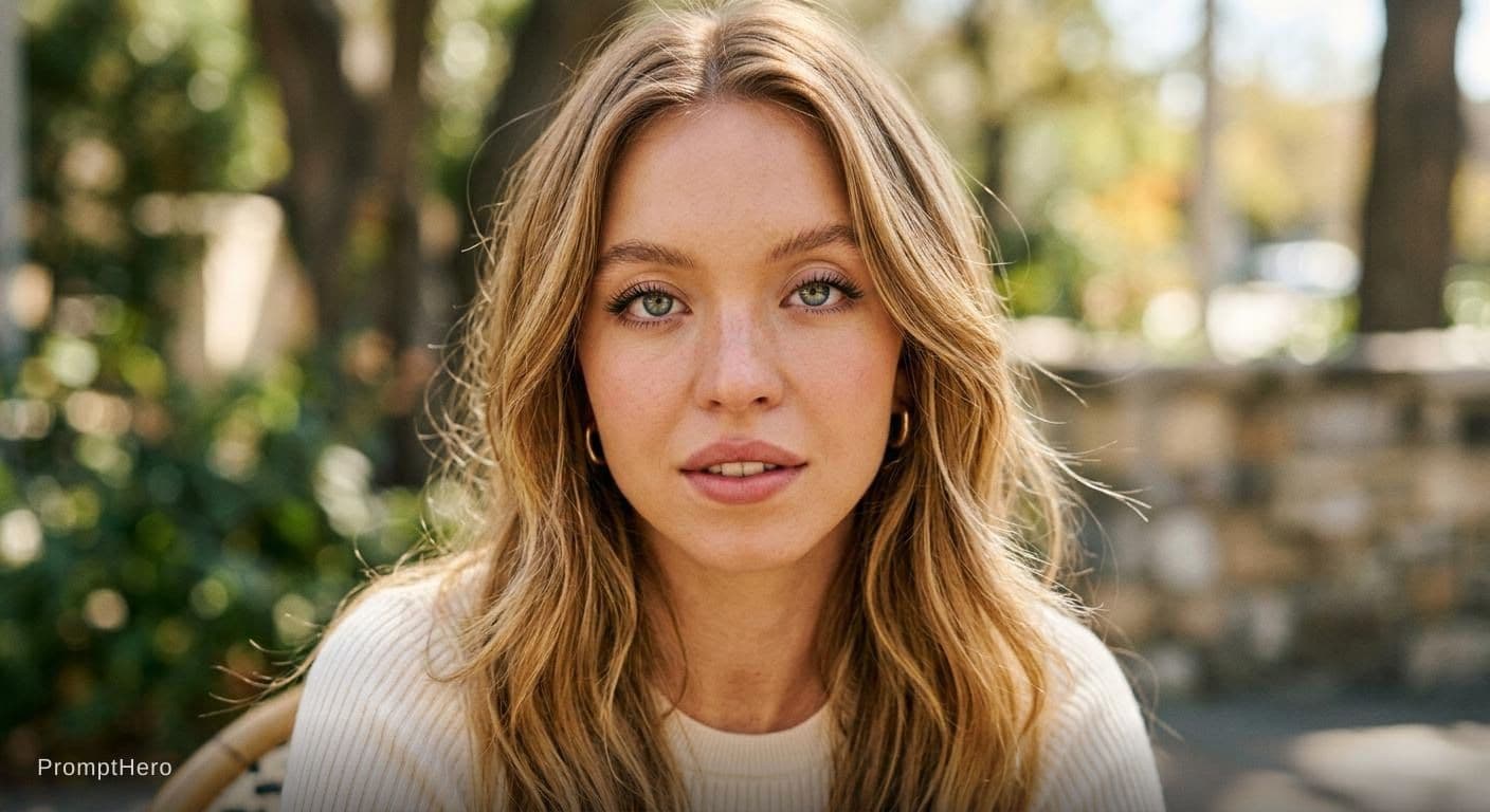 AI generated: Photorealistic portrait of a woman resembling Sydney S W E E N Y. Soft oval face with rounded cheeks...