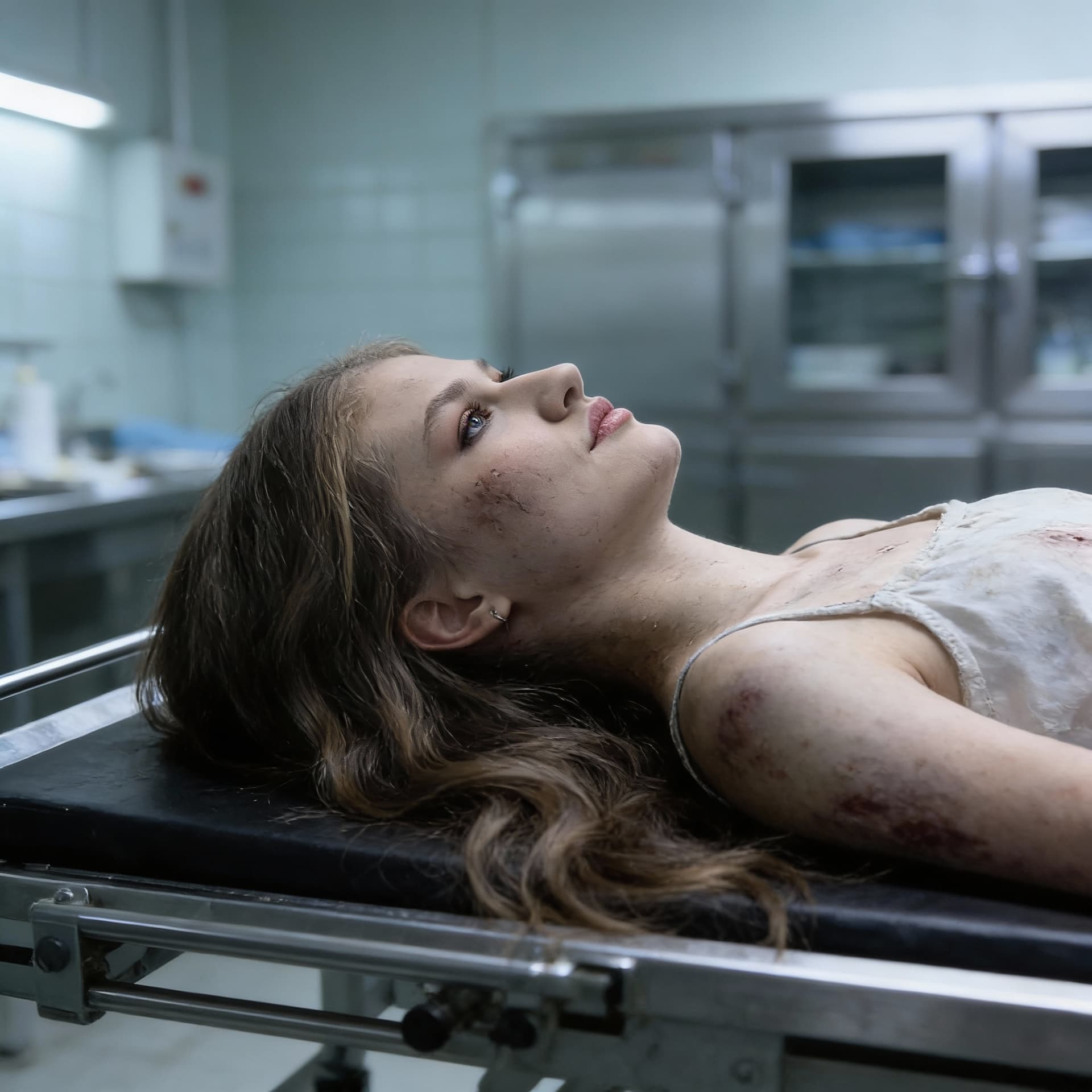AI generated: dead girl lying on morgue table, , view from the side.