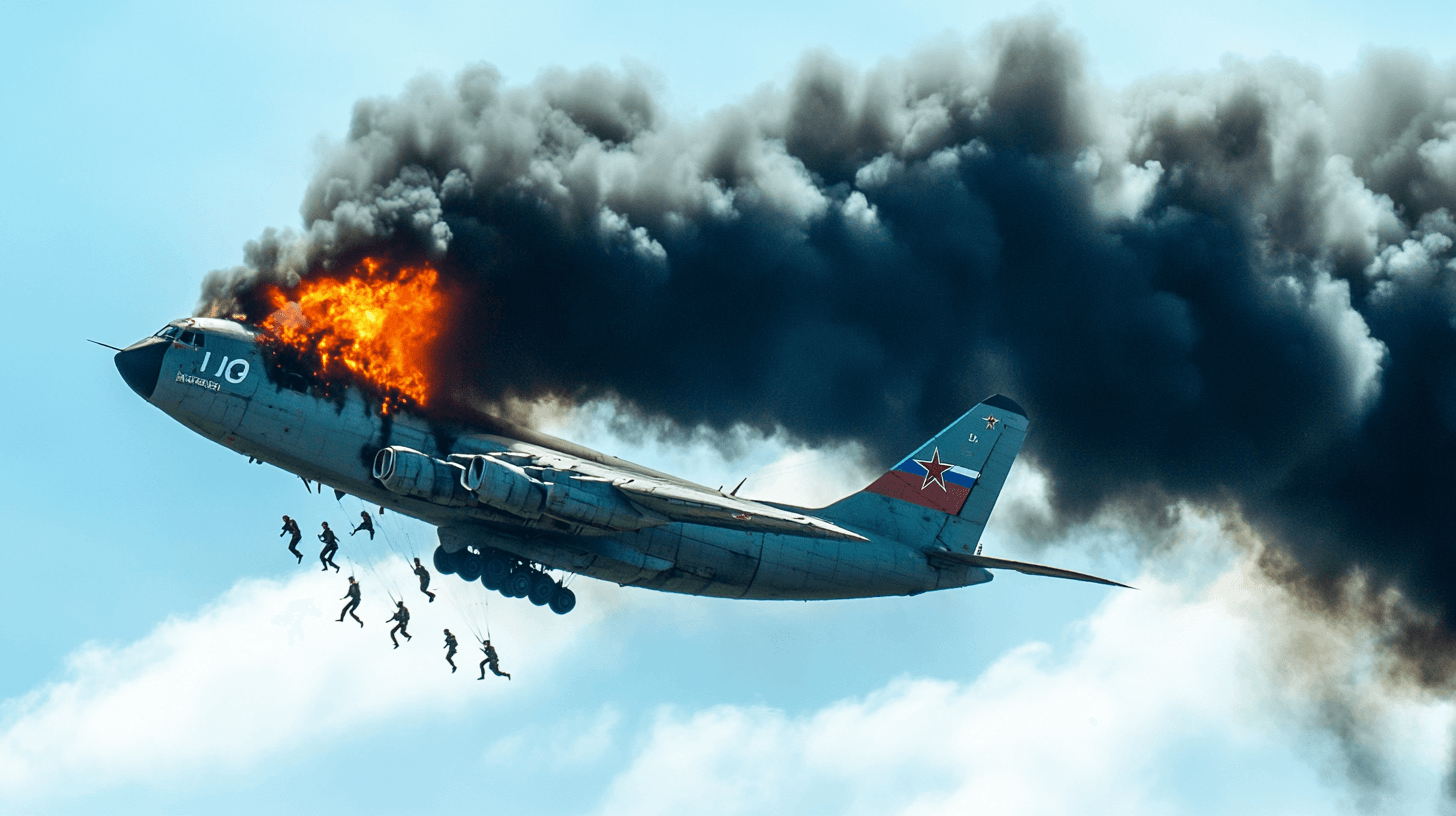 AI generated: 15 Russian soldiers parachuting in the background Russian military plane explodes while flying high ...
