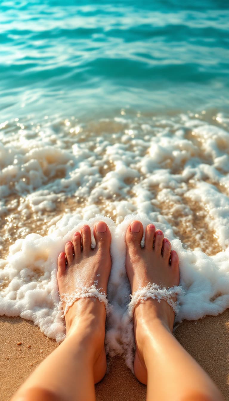 AI generated: photography, woman stands on a sandy beach, looking down at their bare feet partially submerged by t...