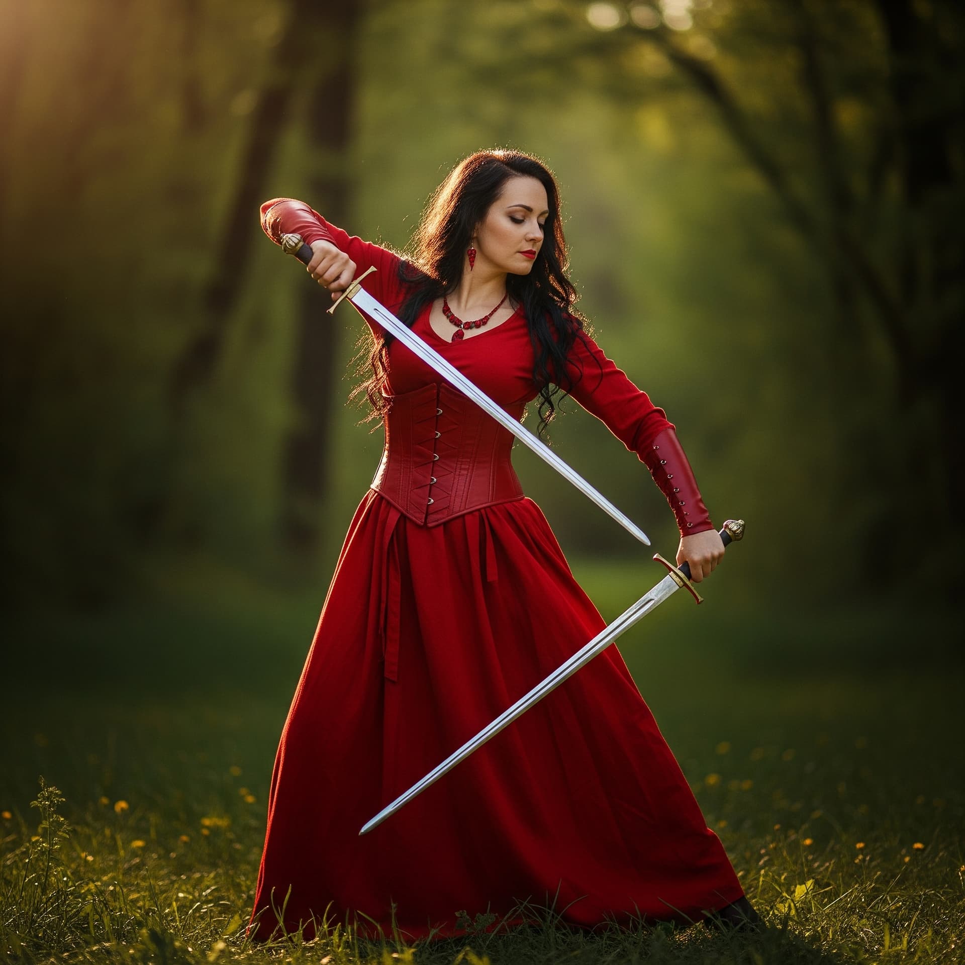 AI generated: woman with dark, flowing hair in a red dress and corset, holding two swords gracefully in a sunlit f...
