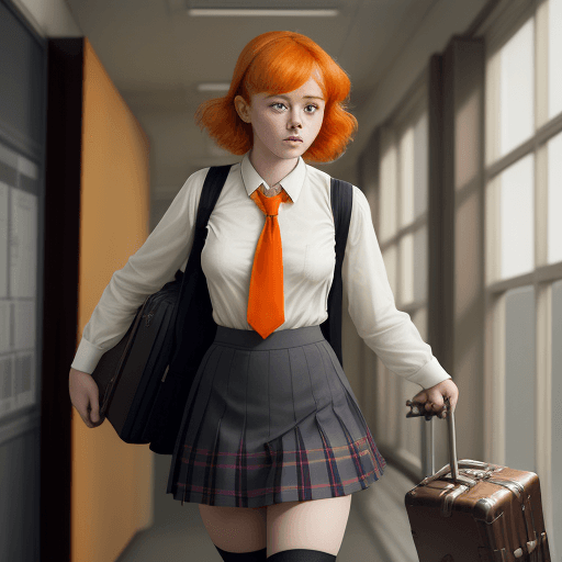 AI generated: masterpiece, mid shot, arafly dressed man with orange hair and a suitcase, a portrait inspired by Ha...
