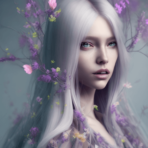 AI generated: Adobe Firefly
Pretty+female Model with long white hair made of vivid flowers, female, detailed blpss...