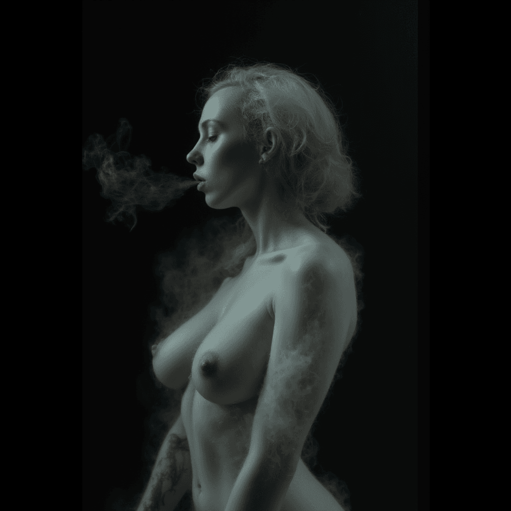 AI generated: Silhouette of a woman from the side::1.3, posed in stillness, exhaling mist that seems both flat and...