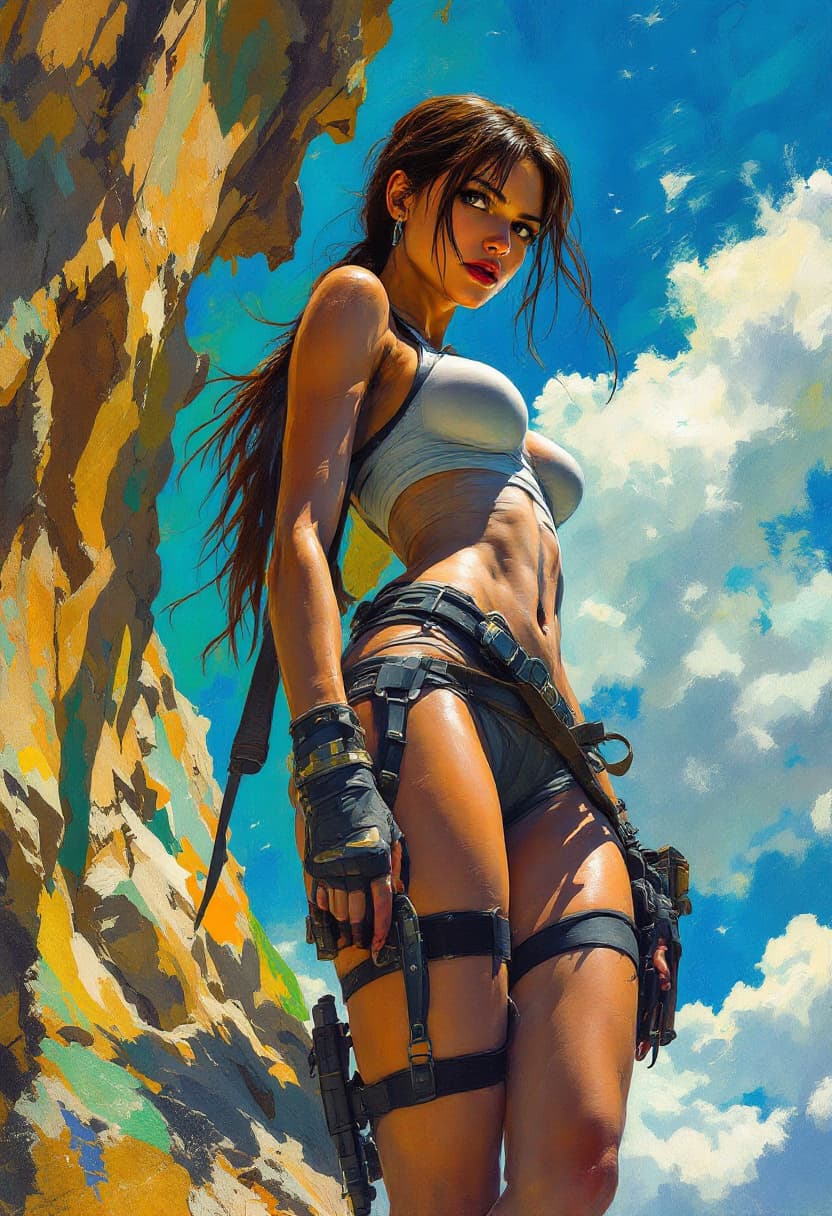 AI generated: fullbody Portrait tilted at 45 degrees, dynamic pose,  Lara Croft: Tomb Raider, Art Nouveau, Neo-Imp...
