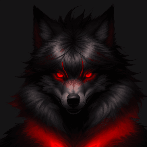 AI generated:  art, furry, anthro, wolfe, red glowing eyes, black messy hair.