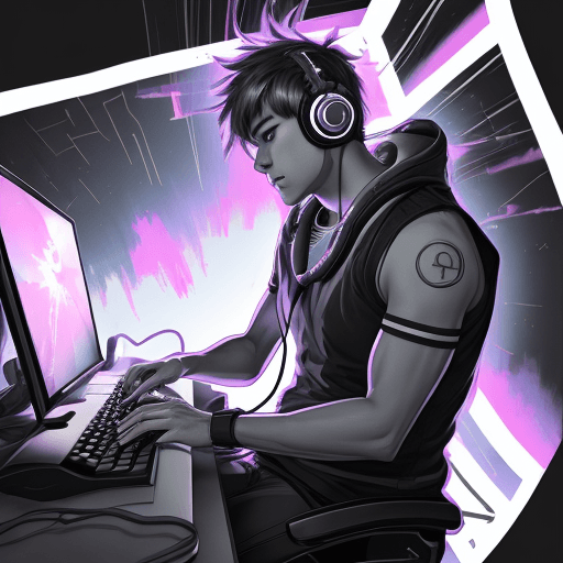 AI generated: male, typing on keyboard, wearing headphones, looking towards viewer, active pose, hyperanime, scetc...
