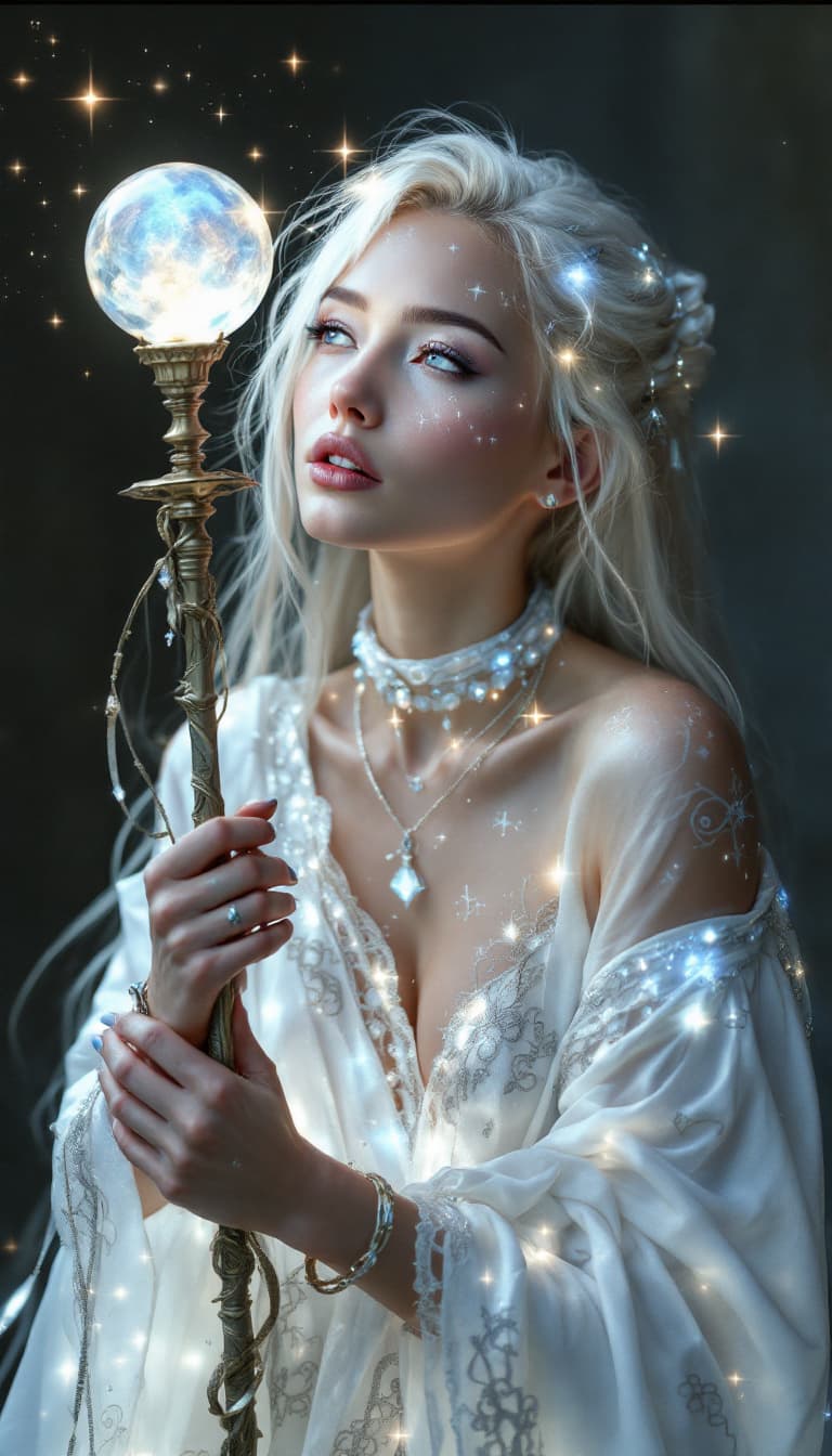 AI generated: An ultra-realistic, full-body portrait of a captivating celestial seer woman, radiating divine insig...