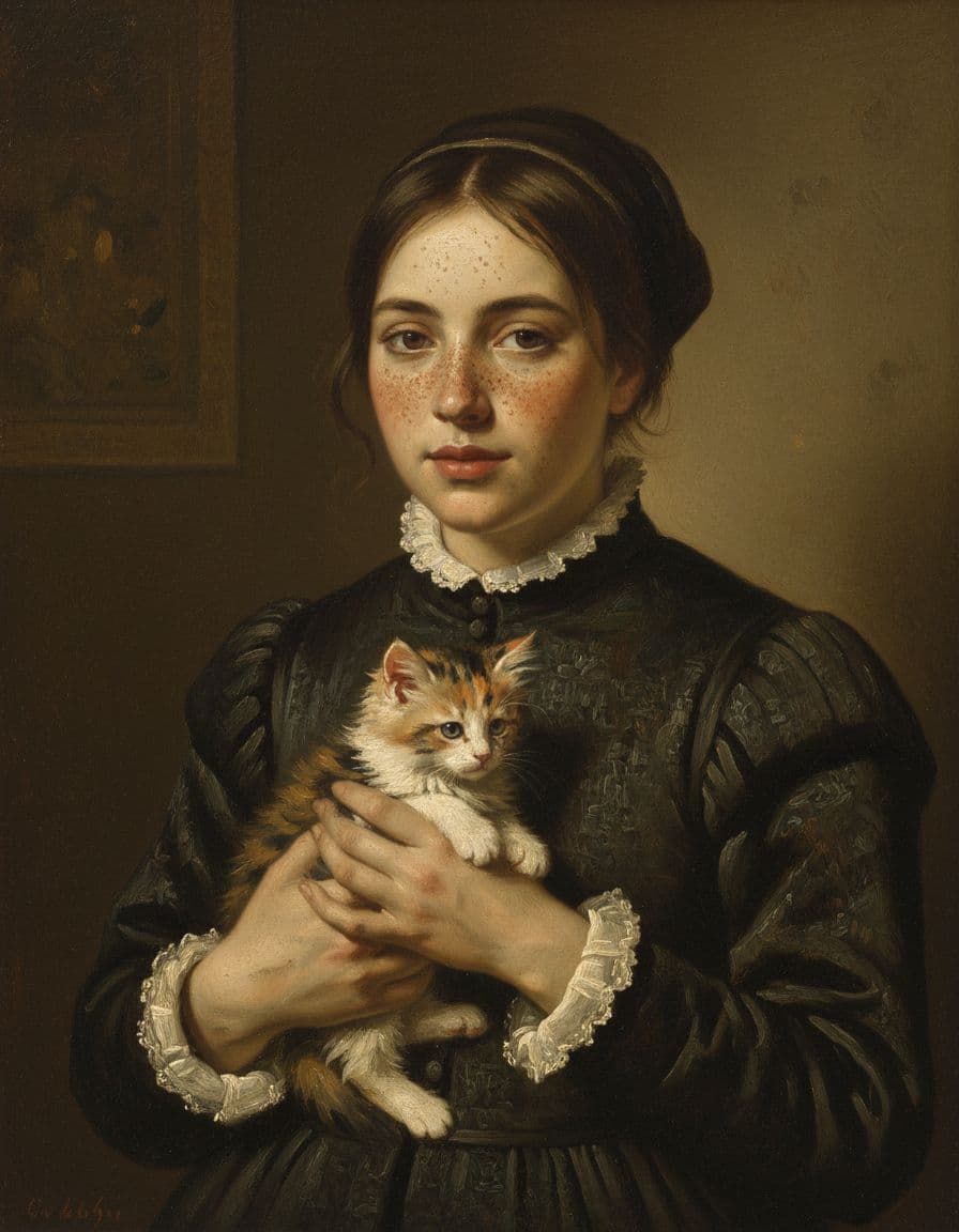 AI generated: cute freckled young girl holding in her hand a kitty and painted like a rembrandt from 1665 soft lig...