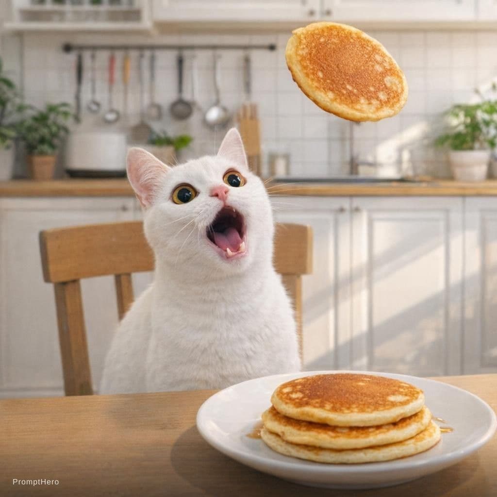 AI generated: The image depicts a kitchen scene with a cat sitting at a table. The cat has wide eyes and an open m...
