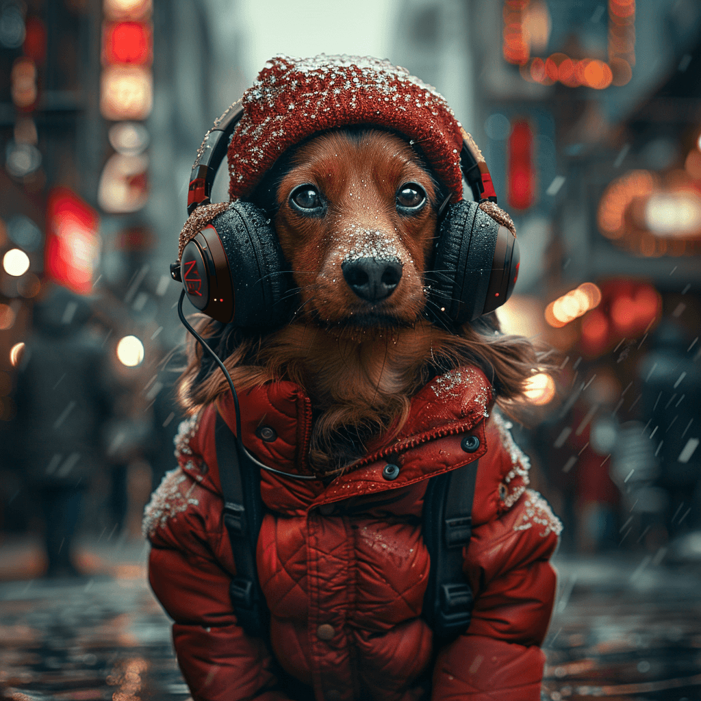 AI generated: dachshund dog, red, one eye blue, the other brown, wearing large Marshall headphones, a red down jac...