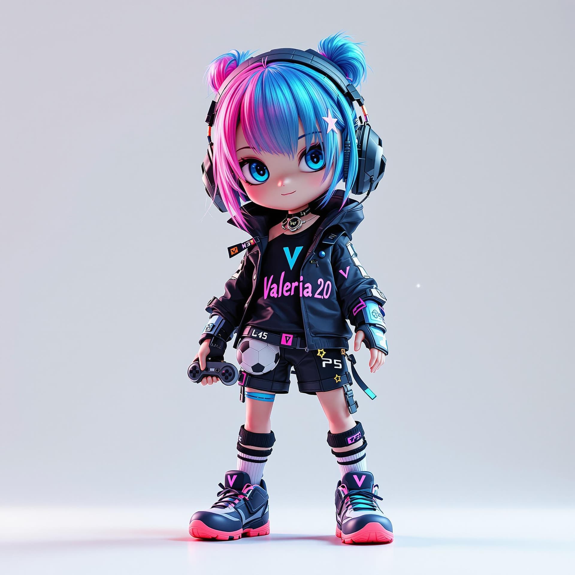 AI generated: Un personaje digital con estética cyberpunk y kawaii, vestido con ropa negra con detalles de neón az...
