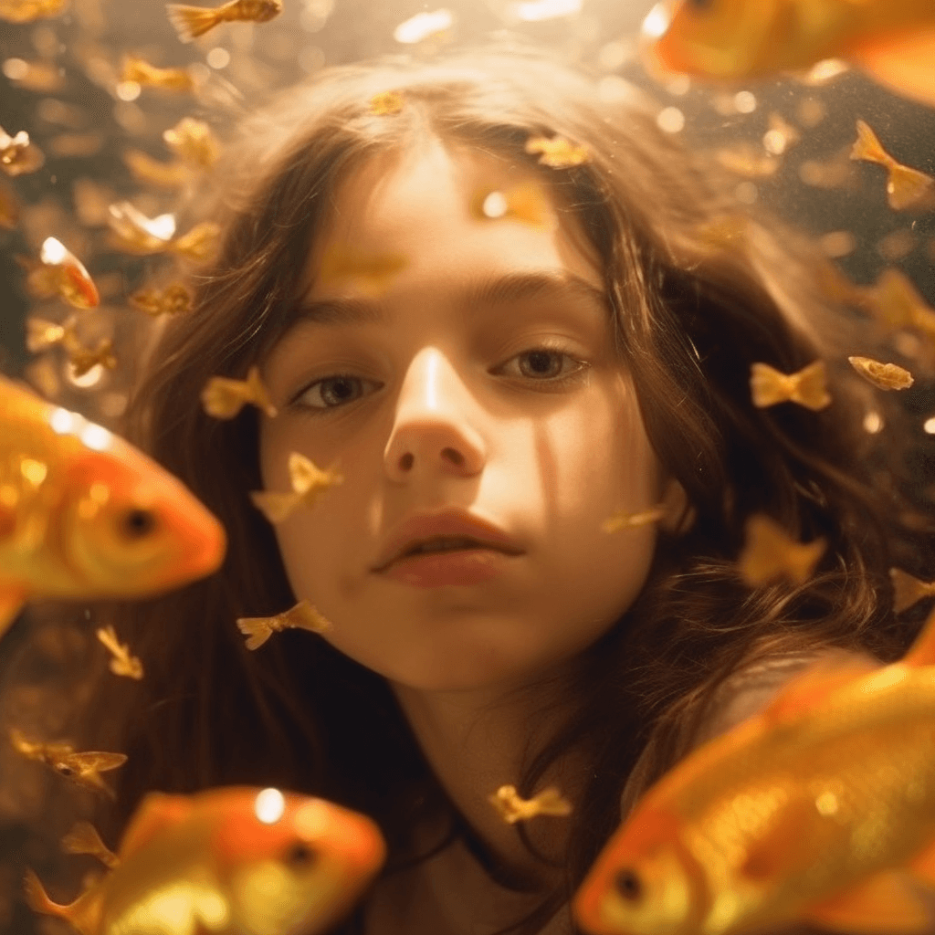 AI generated: hyper realistic photograph of a girl underwater with school golden fish around, closeup shot dreamy ...