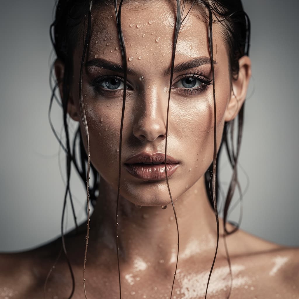 AI generated: An intense close-up portrait of a woman with wet hair hanging in strands across her face, water drop...