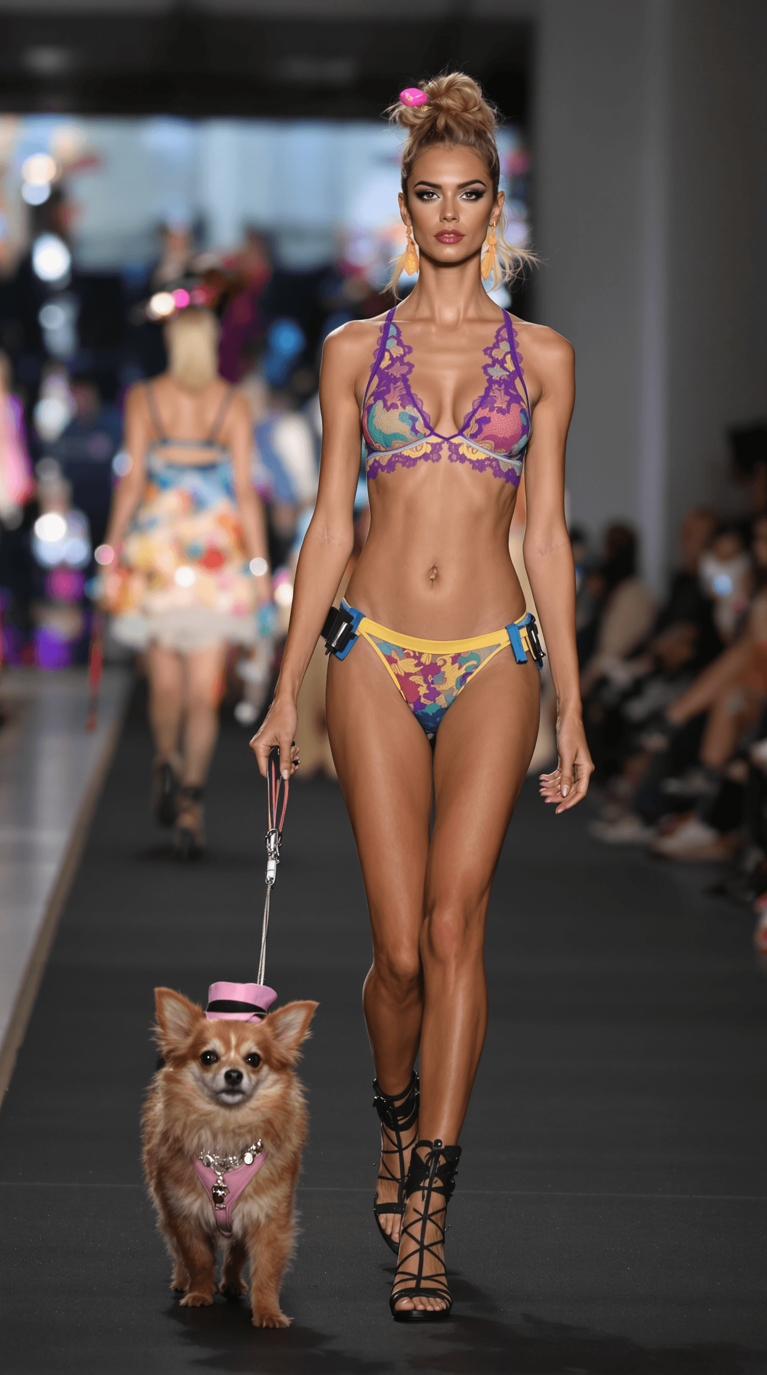 AI generated: A highly attractive Swedish super model leads a pet chihuahua on a leash while walking at a fashion ...