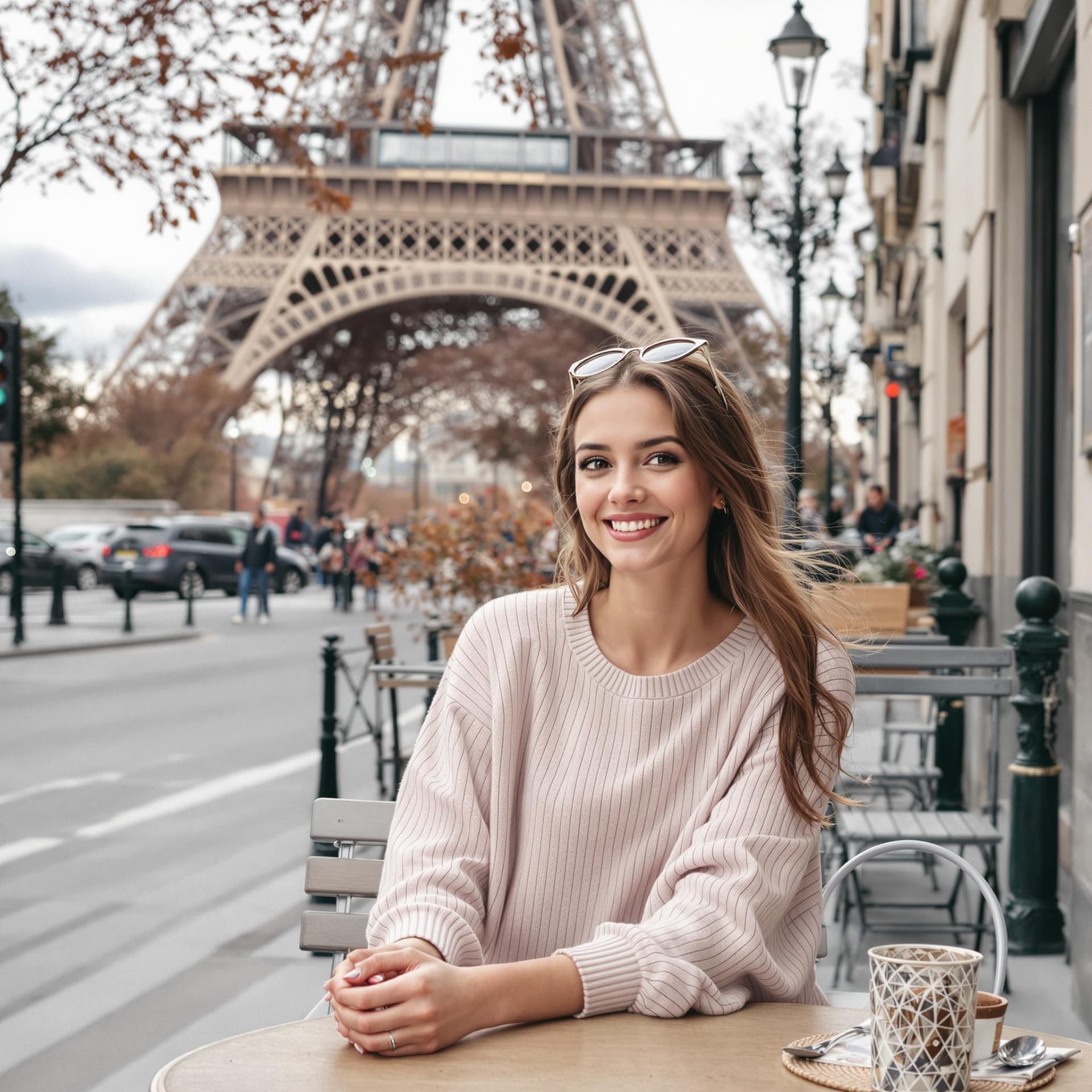 AI generated: A young Parisian woman sitting at a cafe on a street with the Eiffel tower as a background. 