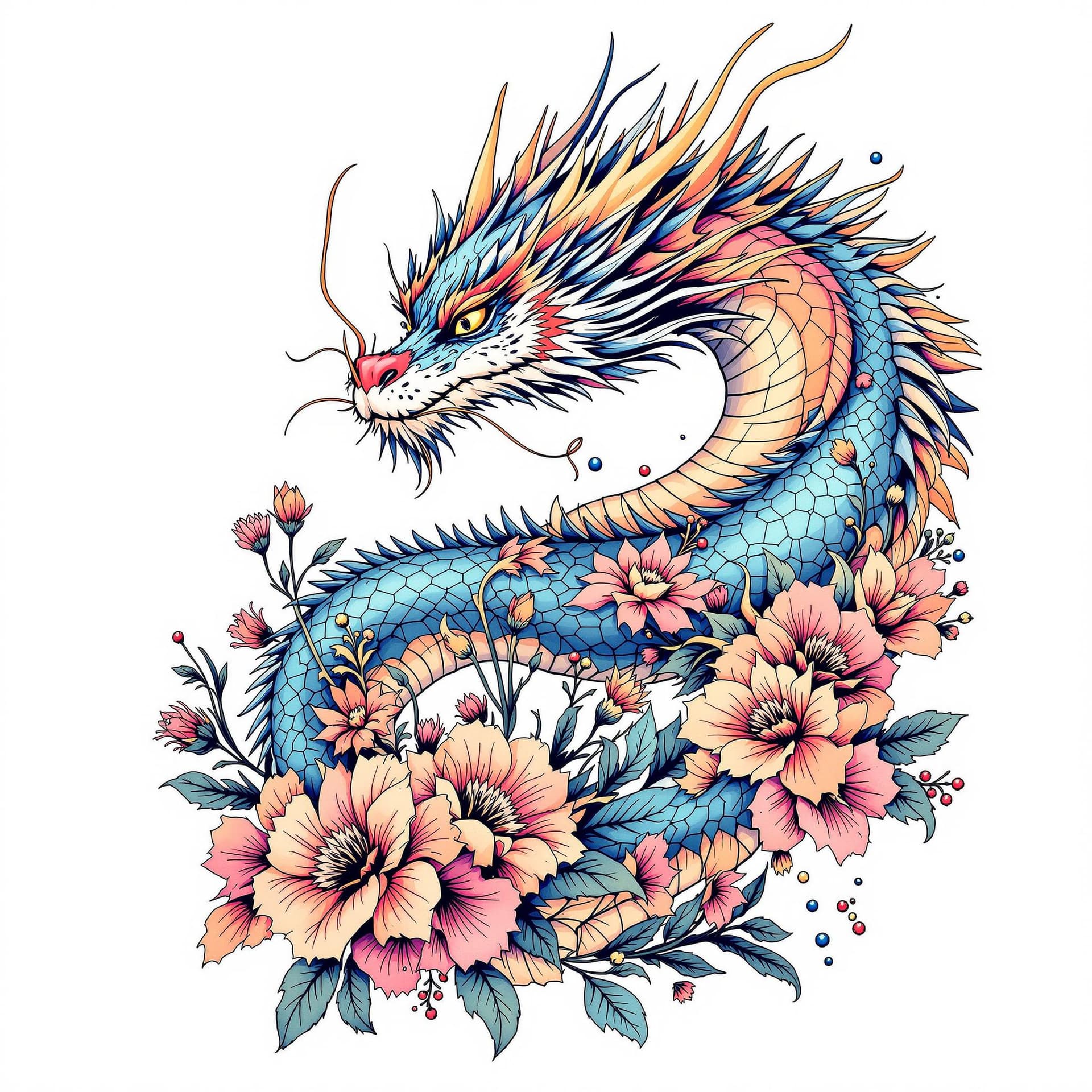 AI generated: a femle breast tatoo (colored dragon with flowers) template on a white background
