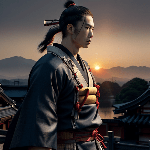 AI generated: Samurai stands at sunset in japan and looks into the distance, in dynamics, highly detailed, packed ...
