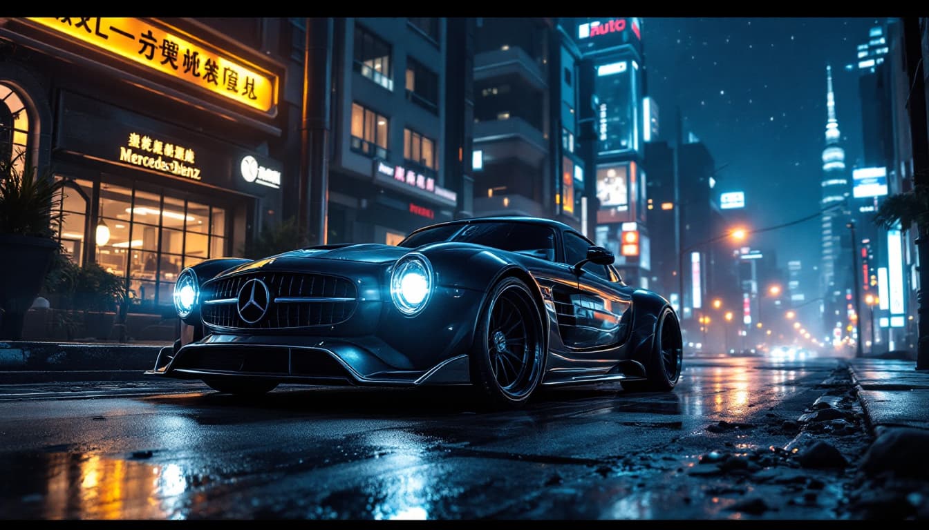 AI generated: Old Mercedes-Benz car in a futuristic fantasy city at night.  
