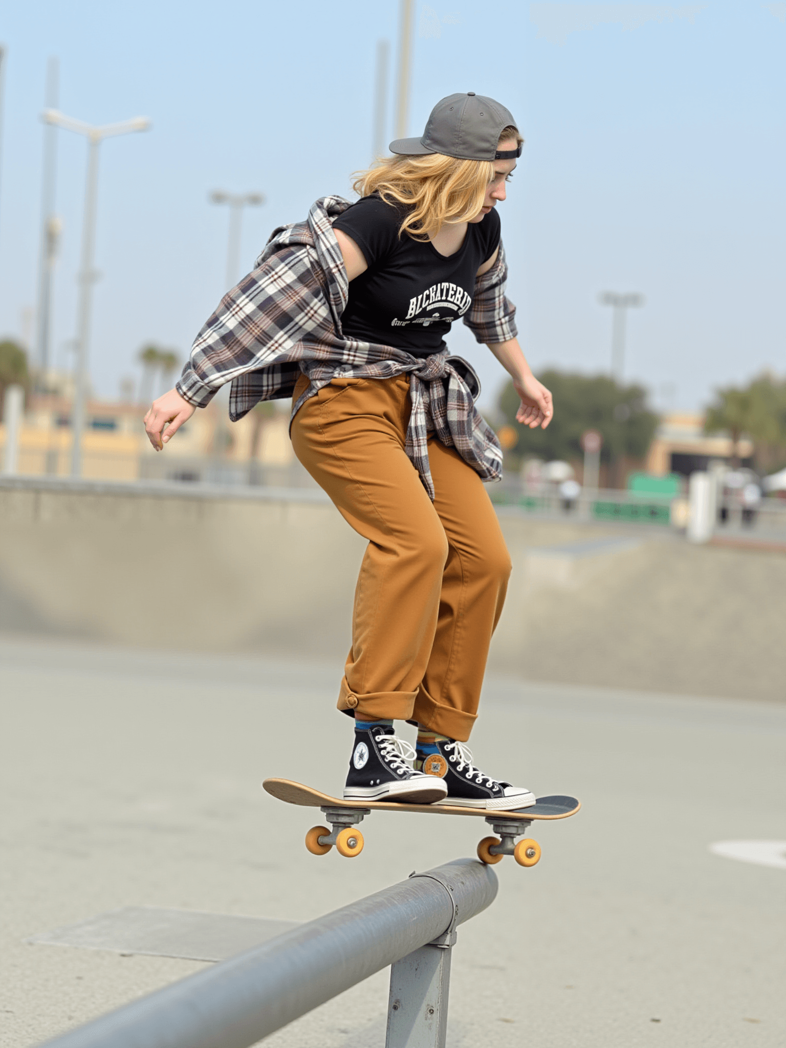 AI generated: L.A. Skate Queen: A blonde woman with beachy waves under a backward snapback, wearing loose-fitting ...