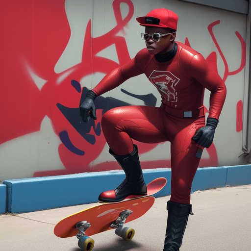 AI generated: JOHN BOYEGA IN A red SPANDEX SUIT, WITH black GLOVES AND BOOTS , SUNGLASSES AND RED BACKWARDS CAP HO...