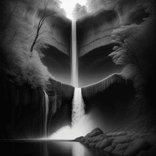 AI generated: Artistic Photography of a car suspended in mid-air, with a serene river and a waterfall as the backg...