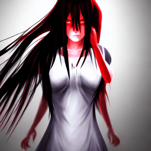 AI generated: female woman with long black hair and red eyes, wearing oversized white shirt, red eyes, shy express...