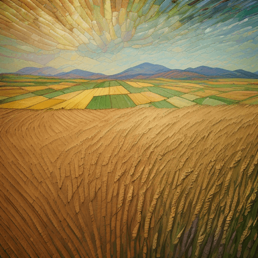 AI generated: Encaustic impasto wheat fields by Louis Comfort Tiffany and Erin Hanson, art brut, intricately detai...
