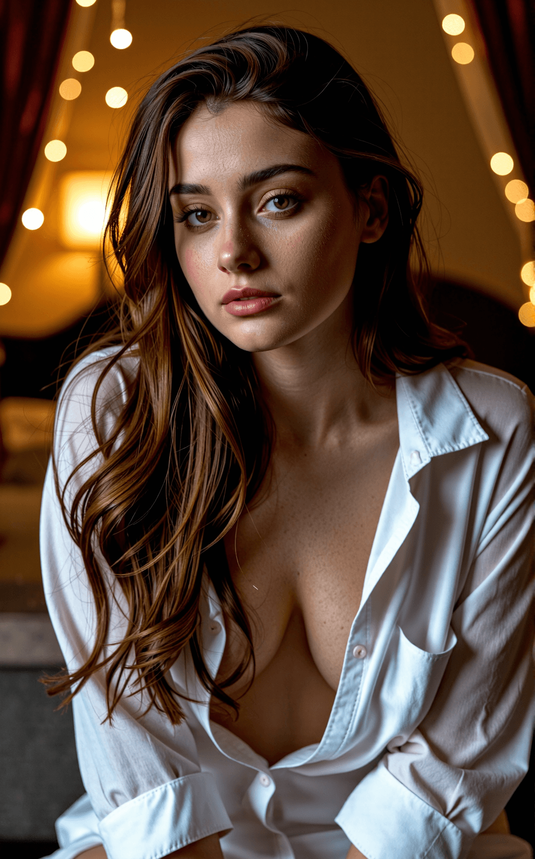 AI generated: A softly lit editorial documentary photograph with a dreamy, fairy tale aura, capturing a shy, curvy...