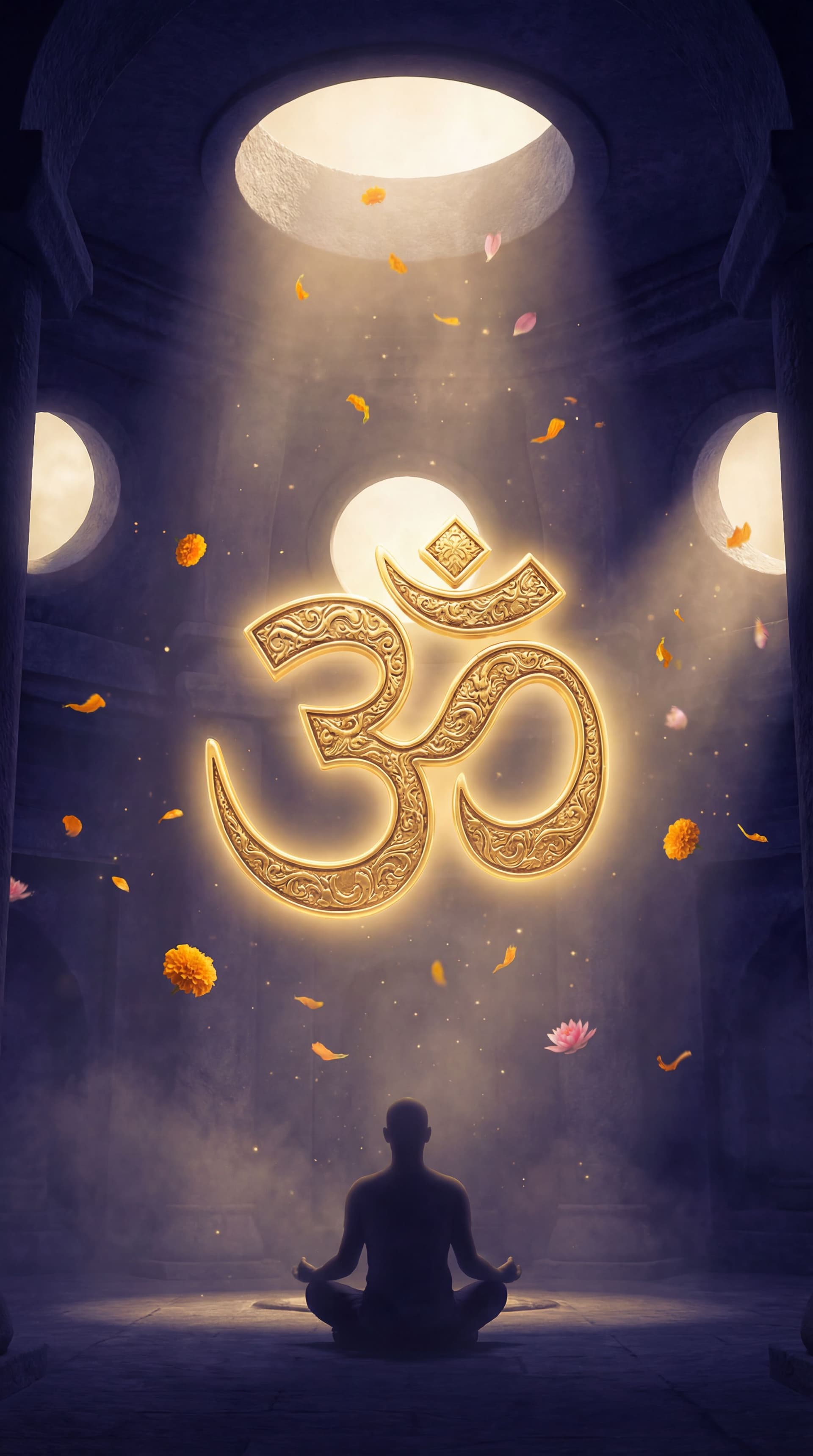 AI generated: Golden Om symbol glowing in dark blue background, slow light rays, floating petals, peaceful spiritu...