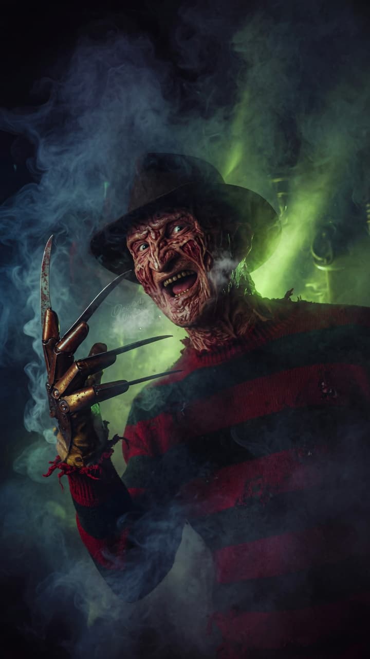 AI generated: "Freddy Krueger standing menacingly in a thick, swirling fog of dark smoke, horror movie style. He w...