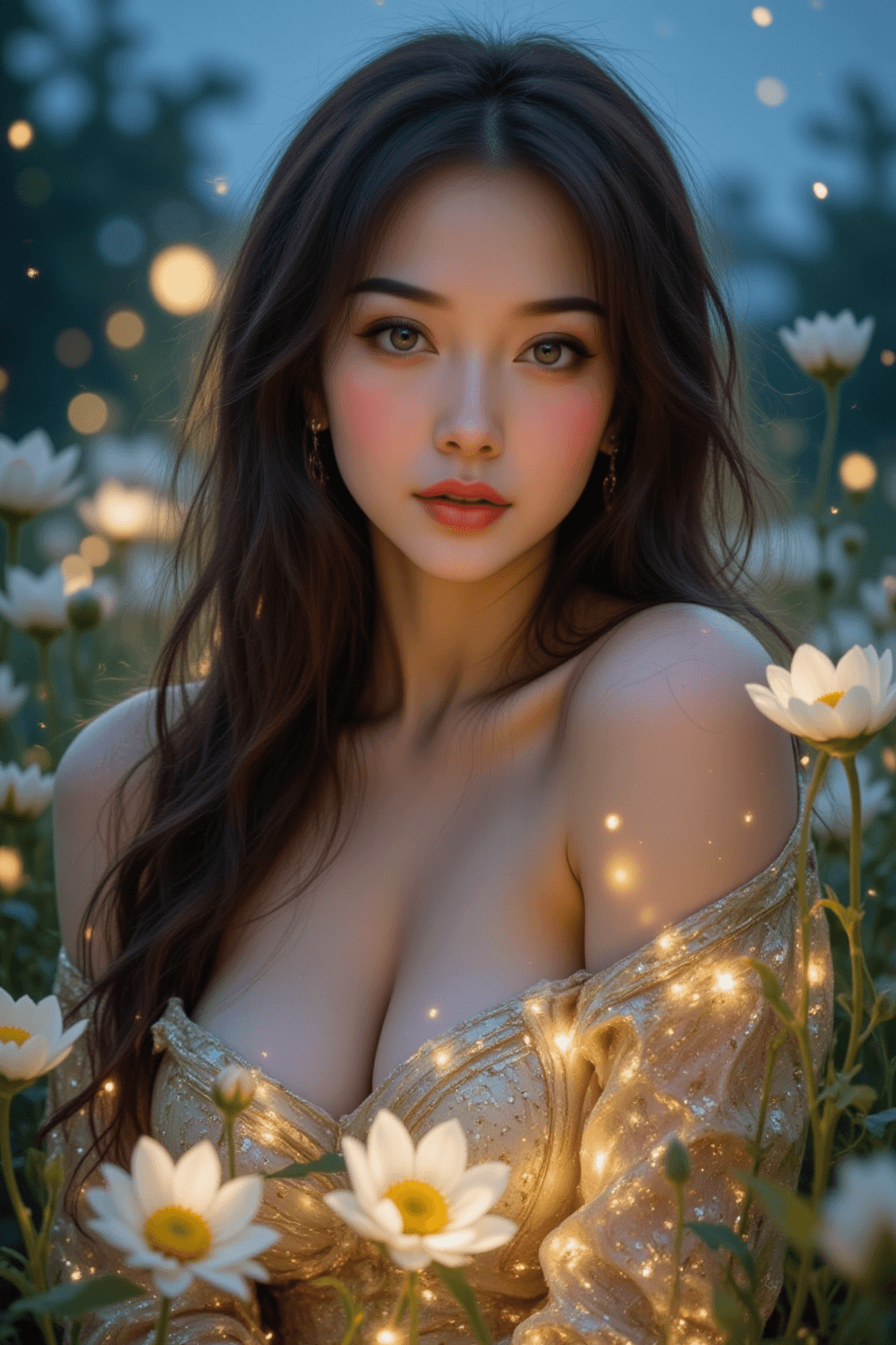 AI generated: The image is a young chinese woman with long wavy dark brown wet hair cascading over her shoulders. ...