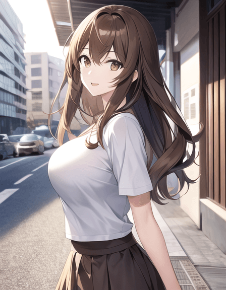 AI generated: An anime girl walking outdoors, casual outfit, road, walking, wavy brown hair, hazel eyes, perfect a...