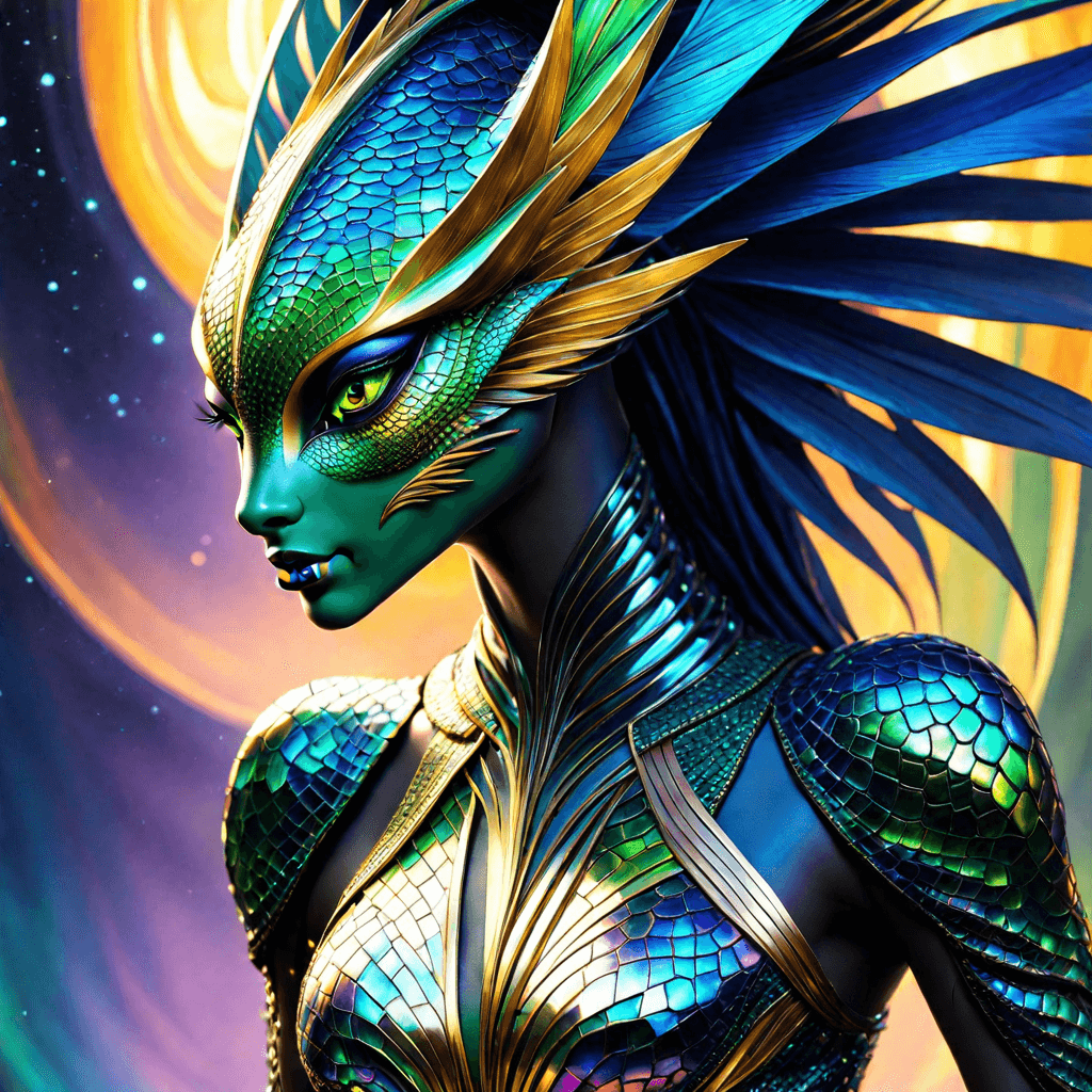 AI generated: A (((female Draconian))) with scales that shimmer in an array of iridescent colors, ranging from dee...
