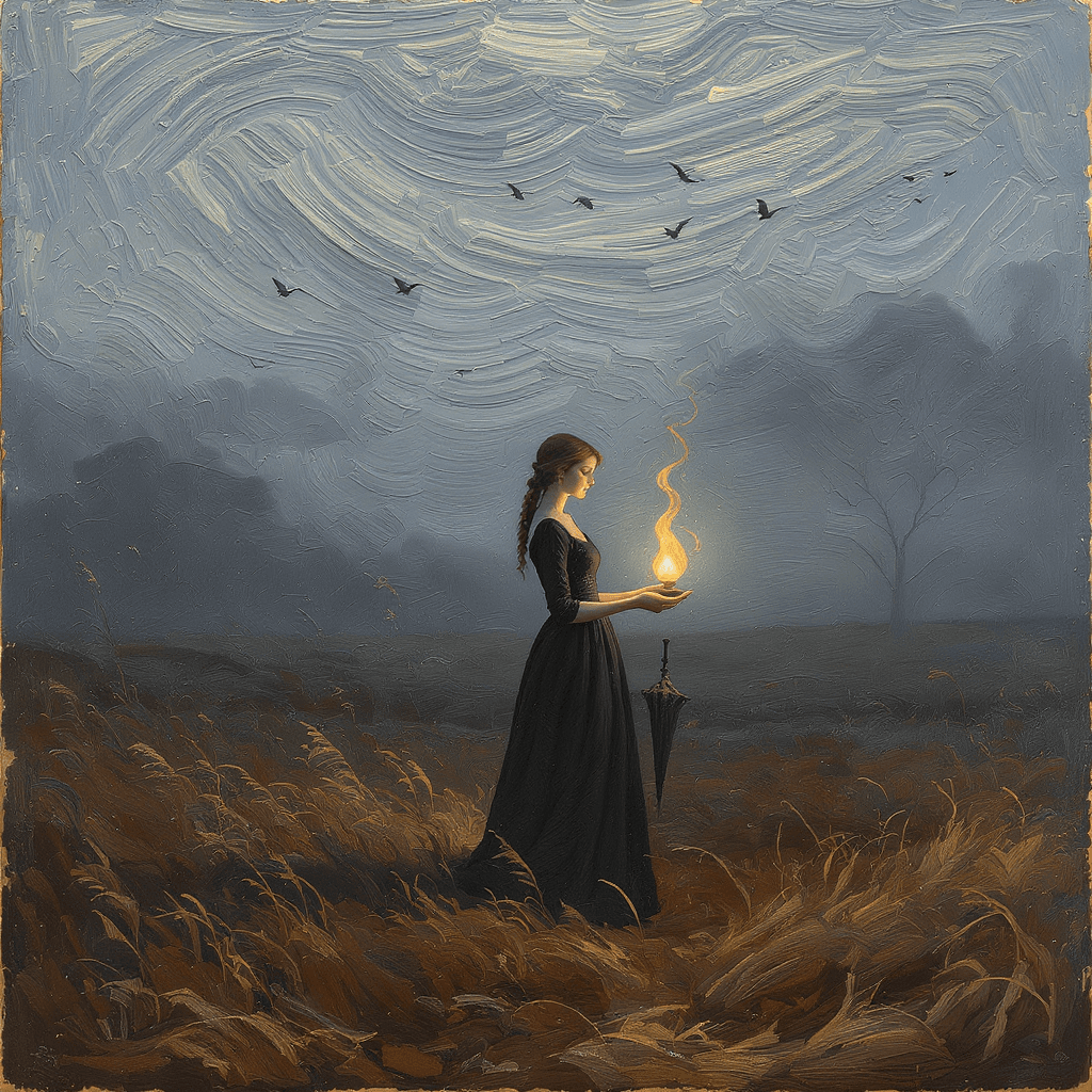 AI generated: A solitary woman stands in a misty autumn field at dusk, wearing a long black dress with visible emb...