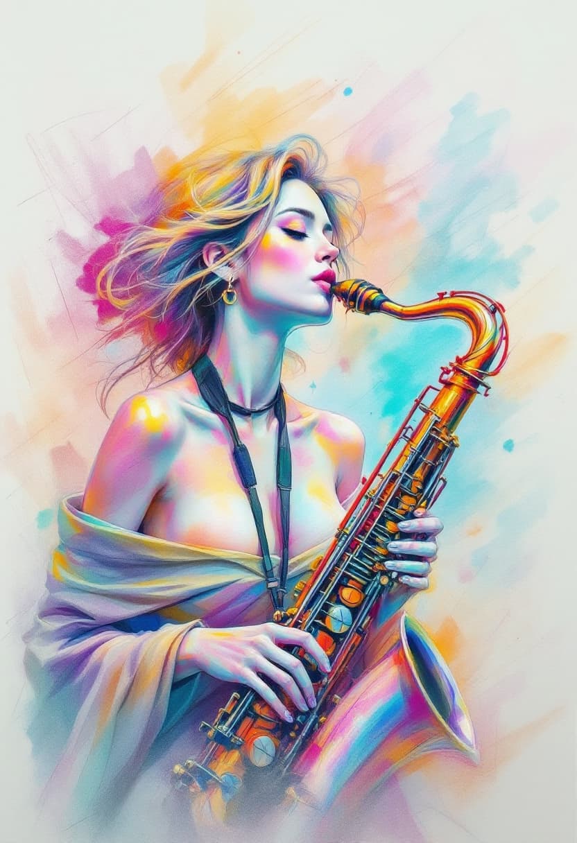 AI generated: Sketch Art, Beautiful Colored Pencil Line, Artistic Brush Strokes, Beautiful, Saxophone Woman, Open ...
