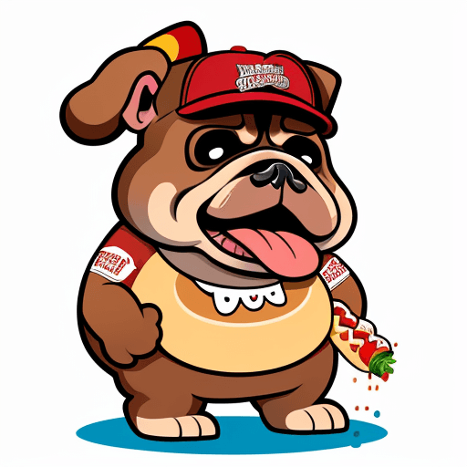 AI generated: bulldog mascotwith a hot dog in one hand and a tube of ketchup in the other style vector cartoon 