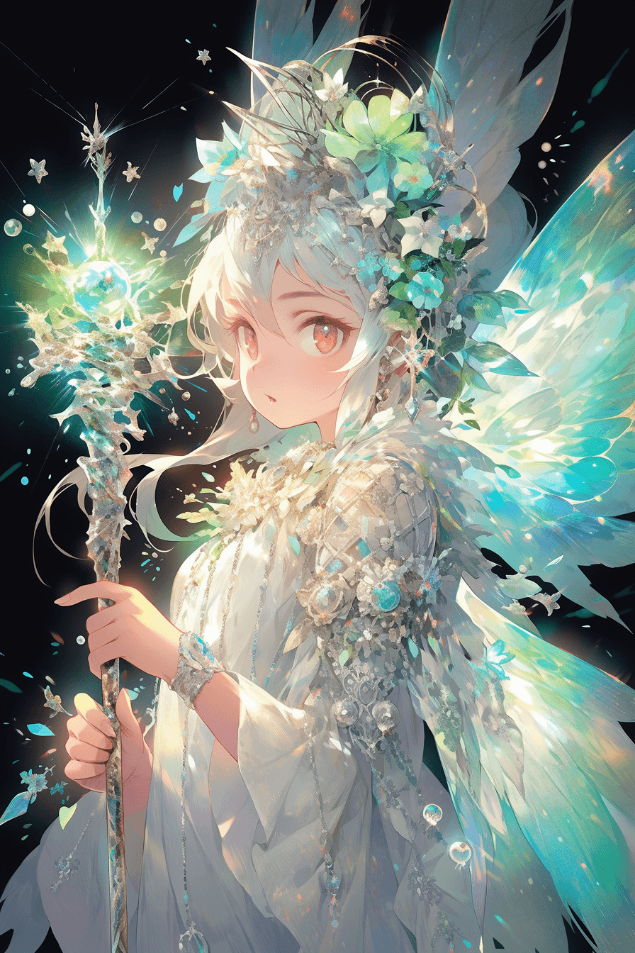 AI generated: A mystical fairy in shimmering crystal wings, holding flower patterned wand, sparkling green eyes, e...
