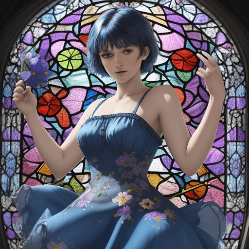 AI generated: a vibrant stained glass art piece of a woman with very short hair dancing in a field of flowers, blu...
