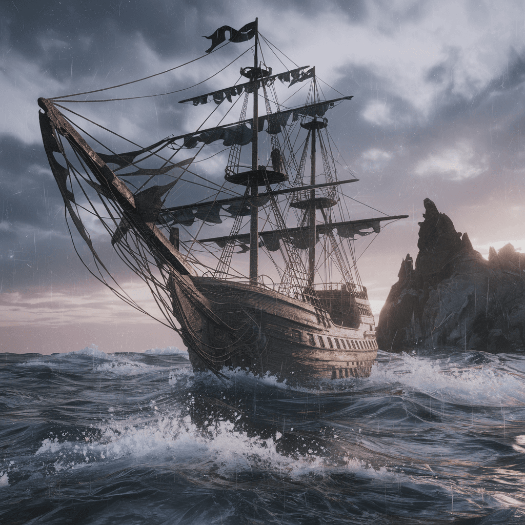 AI generated: Photo of a ultra realistic sailing ship, dramatic light, pale sunrise, cinematic lighting, battered,...