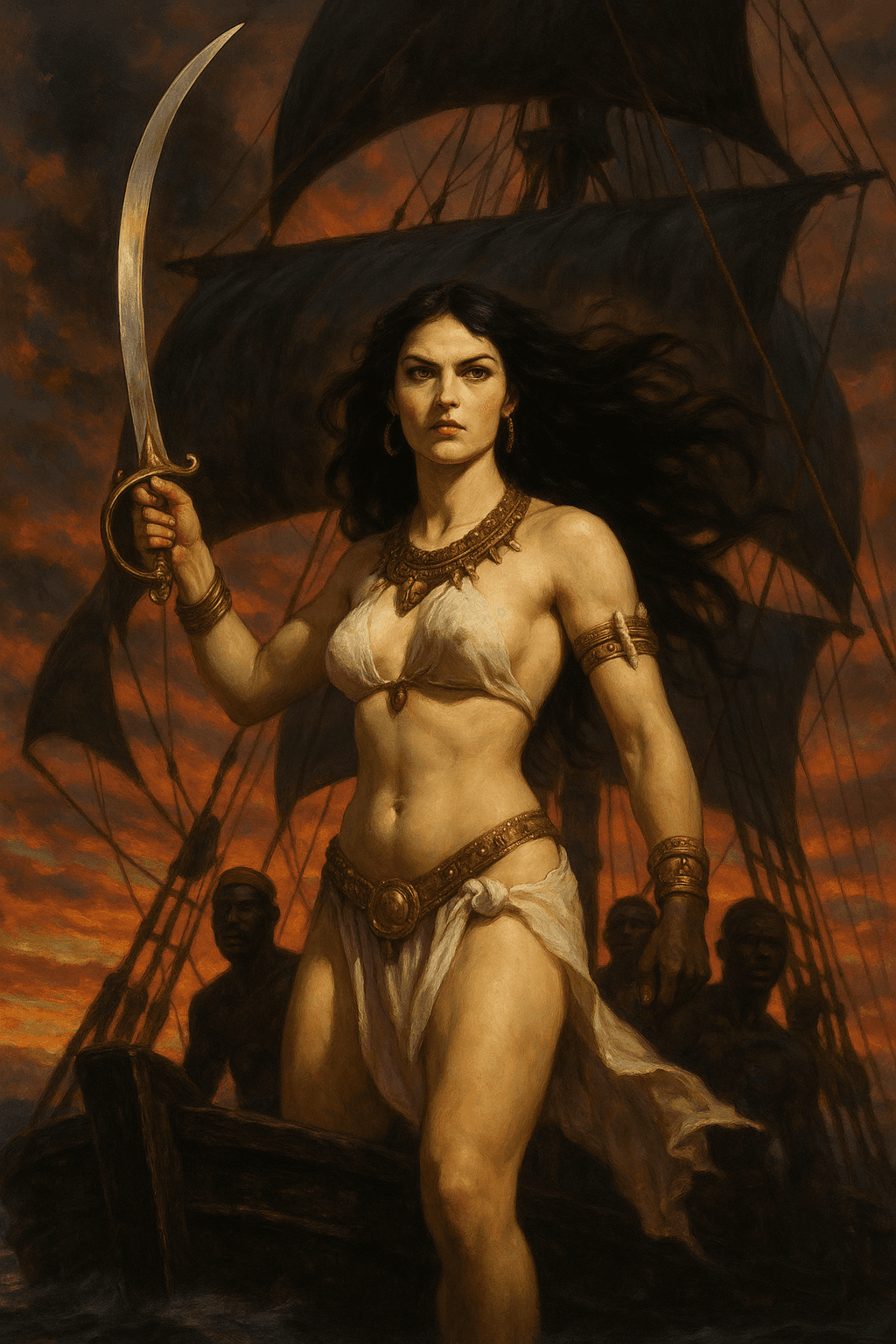 AI generated: Une illustration réaliste de fantasy inspirée des années 1930. Bêlit, la Reine de la Côte Noire, se ...
