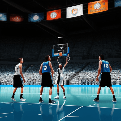AI generated: 4 jugadores en la cancha, jugando basquetbol, una cancha muy iluminada, colores azules, blancos, gri...