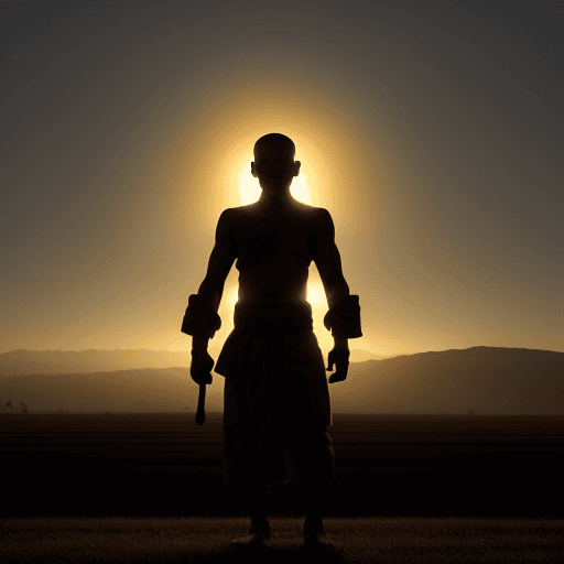 AI generated: Warrior Monk. Shadowy silhouette. Wide Field. Dim light.