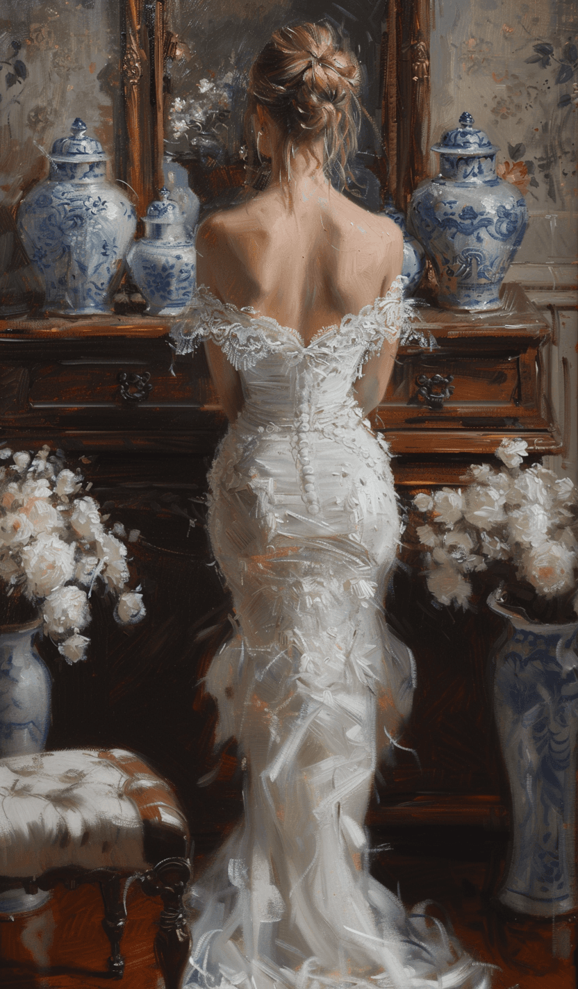 AI generated: An oil painting of the back and shoulders of an elegant woman wearing a white dress, looking at her ...