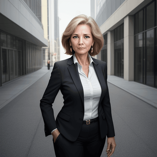AI generated: Depict a woman, aged 55-6, in a light business suit,
Image style, photo portrait, on the street, aga...