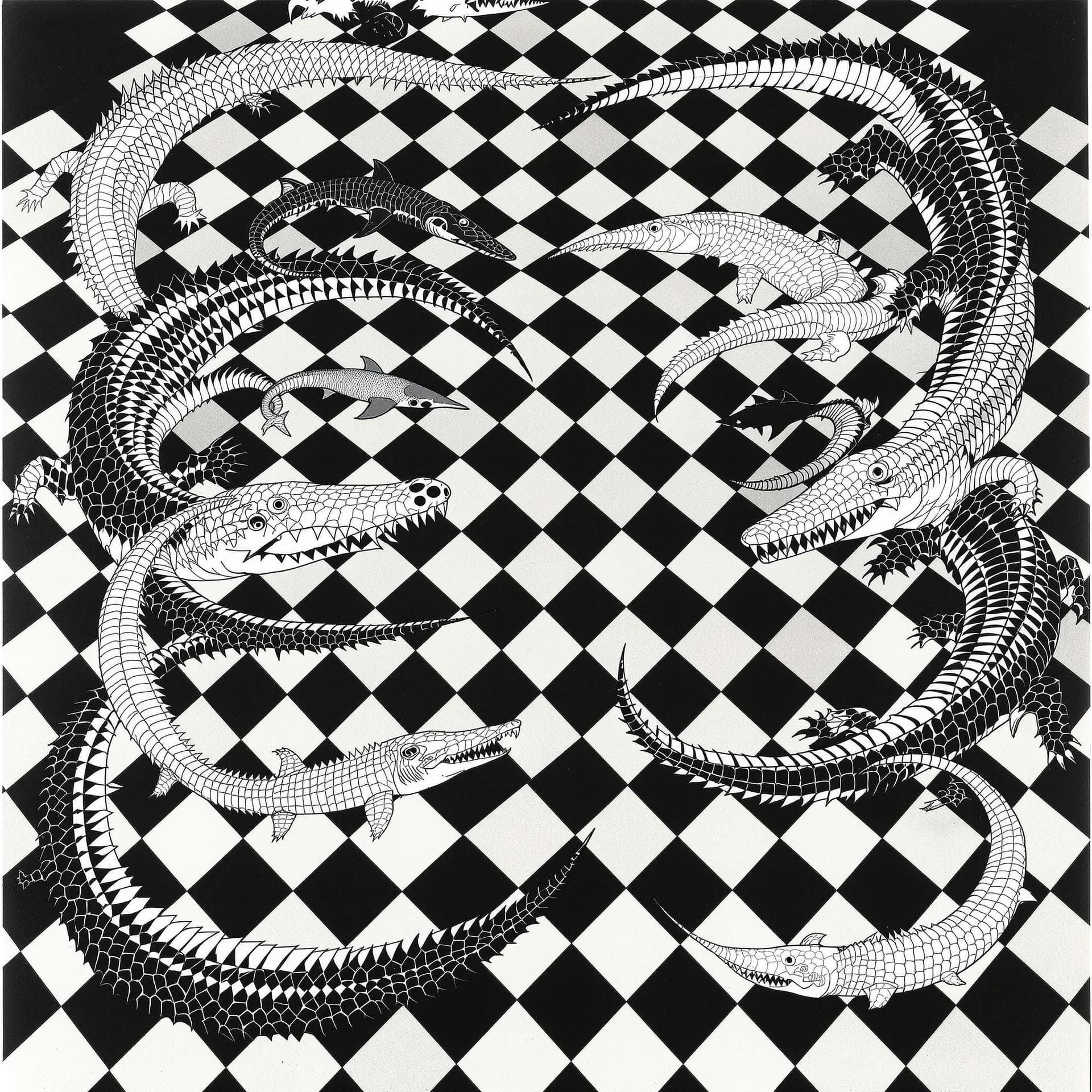 AI generated: in the style of M. C. Escher a checkerboard tablecloth on a square table has two colors-black and wh...