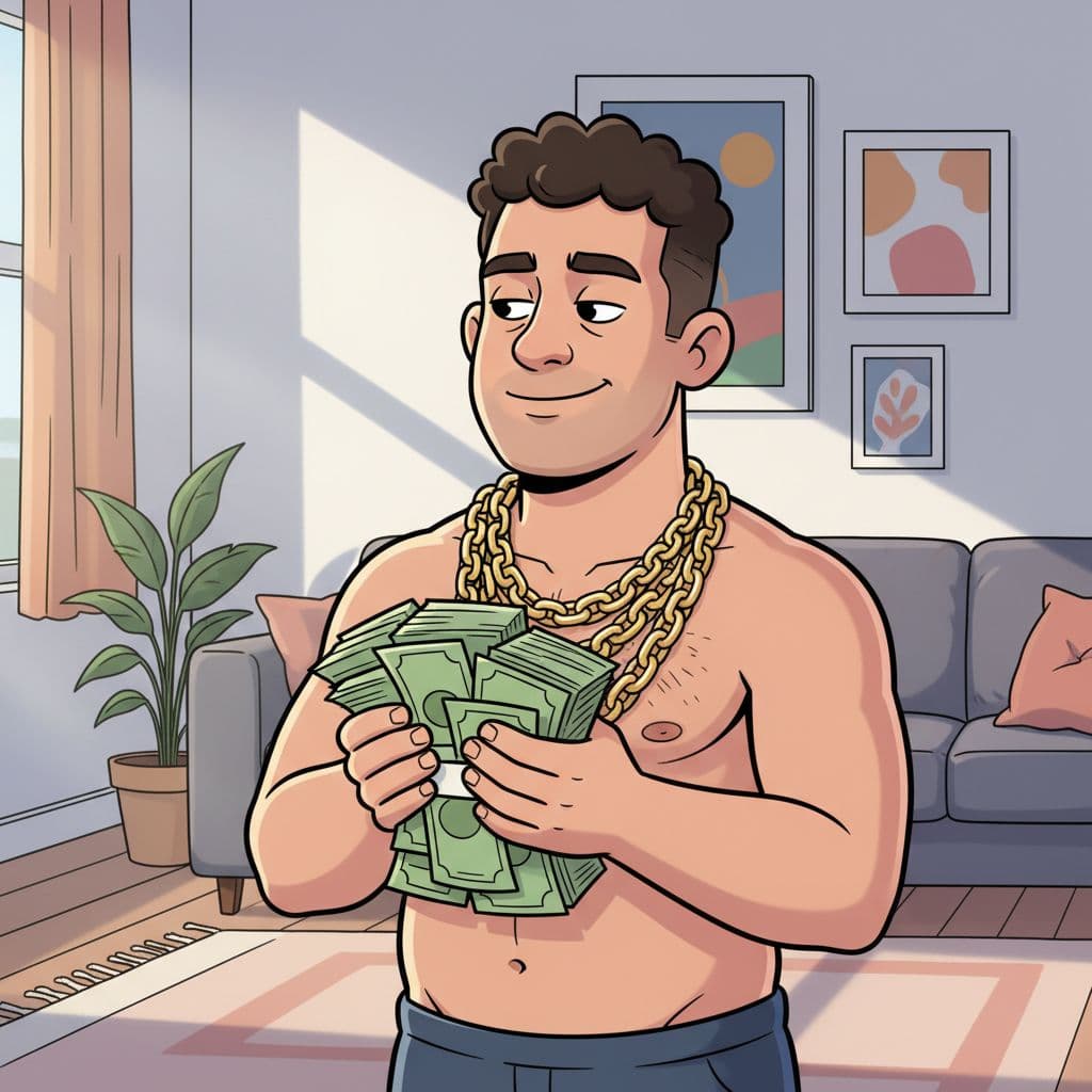 AI generated:  A shirtless man with gold chains around his neck,with short curly hair, medium build, holding a sta...