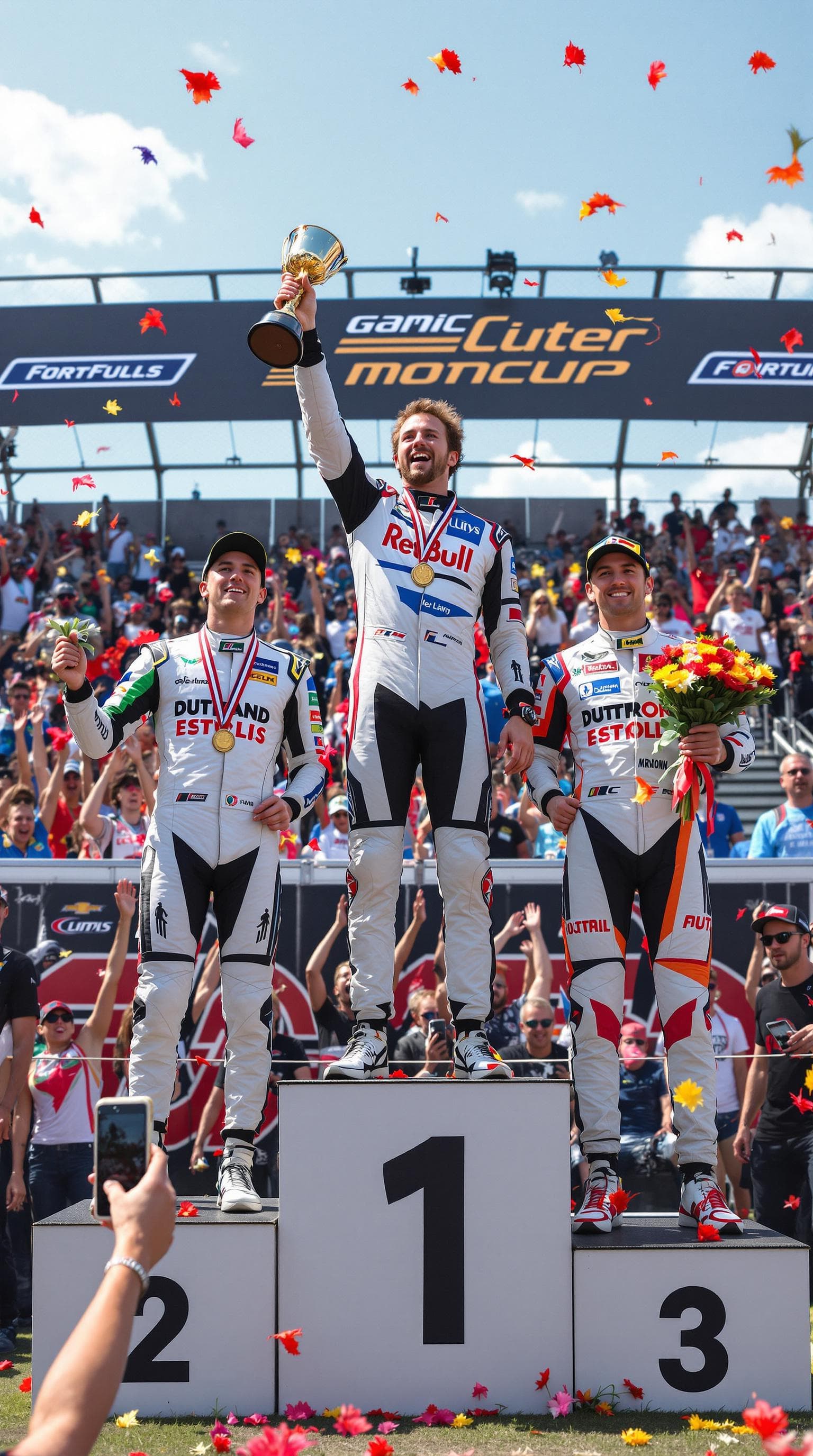 AI generated: Summer. There are 3 racers on the podium, dressed in clothes with logos of different clubs. The winn...