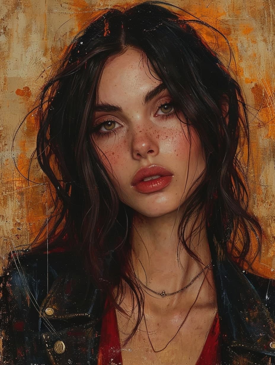 AI generated: Portrait of a Woman rendered in Acrylic Paint with subtle shades of amber and red, an emotional expr...